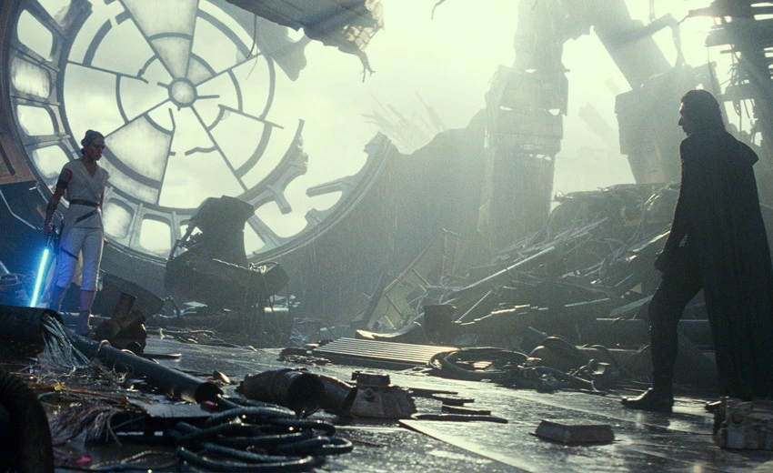 Rey (Daisy Ridley) and Kylo Ren (Adam Driver) on the wreckage of the Second Death Star.