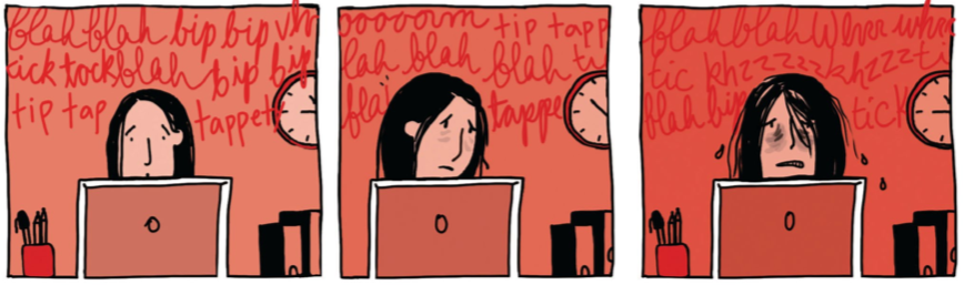 Marguerite sits in front of her computer as the writing across the top of the panels describes the noises she is hearing. These noises are causing her to become more overwhelmed.