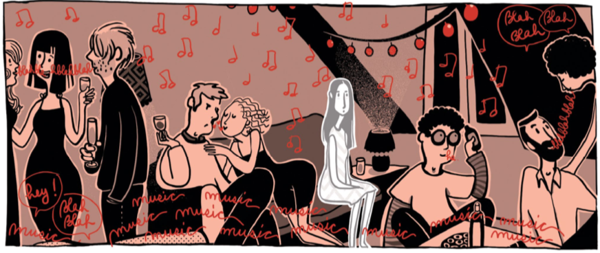 Marguerite sits on a couch surrounded by people socializing. Music notes drawn in red and the word 'music' are written over and over. Marguerite is drawn colorlessley as if she is a ghost and not really there.
