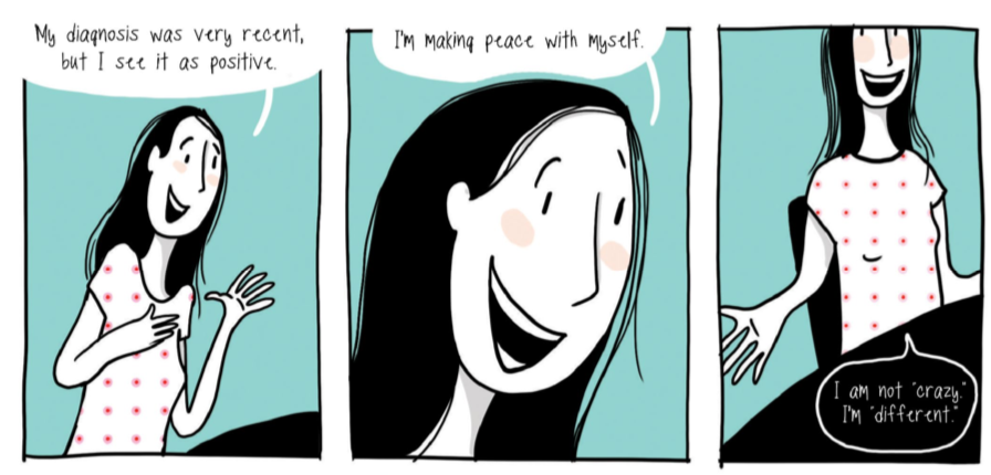 Marguerite sits in front of a plain background and discusses her feelings about her diagnoses. "My diagnosis was very recent but I see it as positive. I'm making peace with myself. I'm not "crazy" I'm "different".