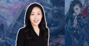 NC America CEO Jeonghee Jin (JJ) with keyart in the background.
