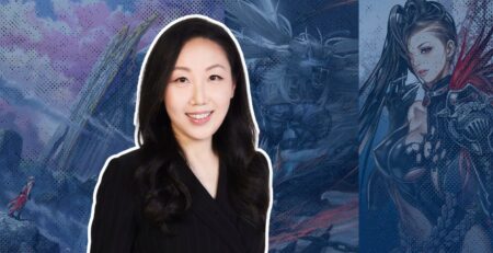 NC America CEO Jeonghee Jin (JJ) with keyart in the background.