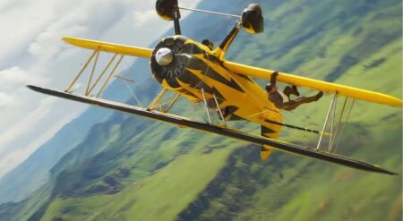 Mission: Impossible — The Final Reckoning promotional image with Tom Cruise hanging from an upside down analog plane