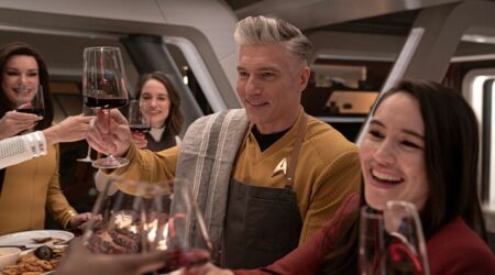 Rebecca Romijn as Una, Melanie Scrofano as Batel, Anson Mount as Capt. Pike and Christina Chong as Laían in Star Trek Strange New Worlds Season 3