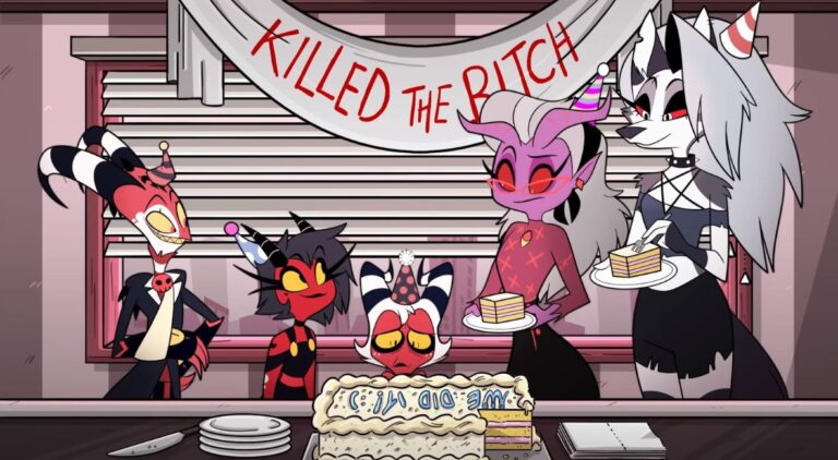 A group of characters in Helluva Boss celebrating an achievement with some cake