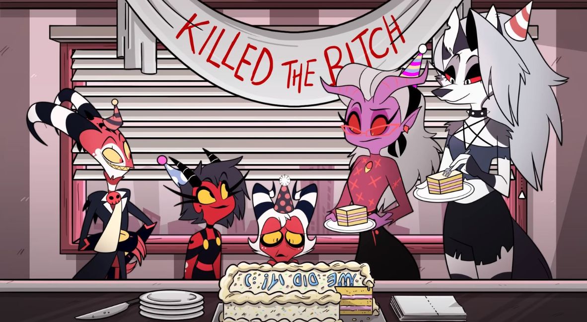 A group of characters in Helluva Boss celebrating an achievement with some cake