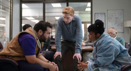 Travis, Ned (Domnhall Gleeson), and Adelola in Season 1 of The Paper