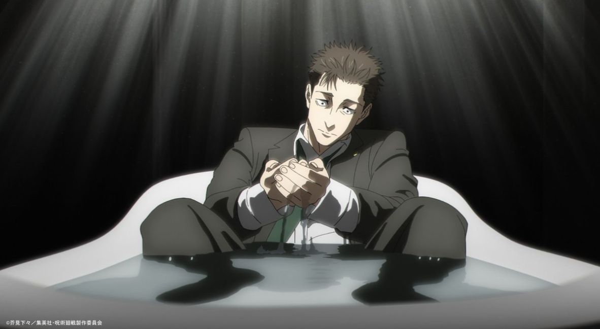 Higuruma sits in a bathtub 