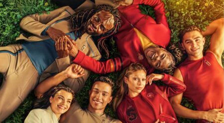 Zoe Steiner, Sandro Rosta, Bella Shepard, George Hawkins, Kerrice Brooks and Karim Diane in Starfleet Academy Season 1