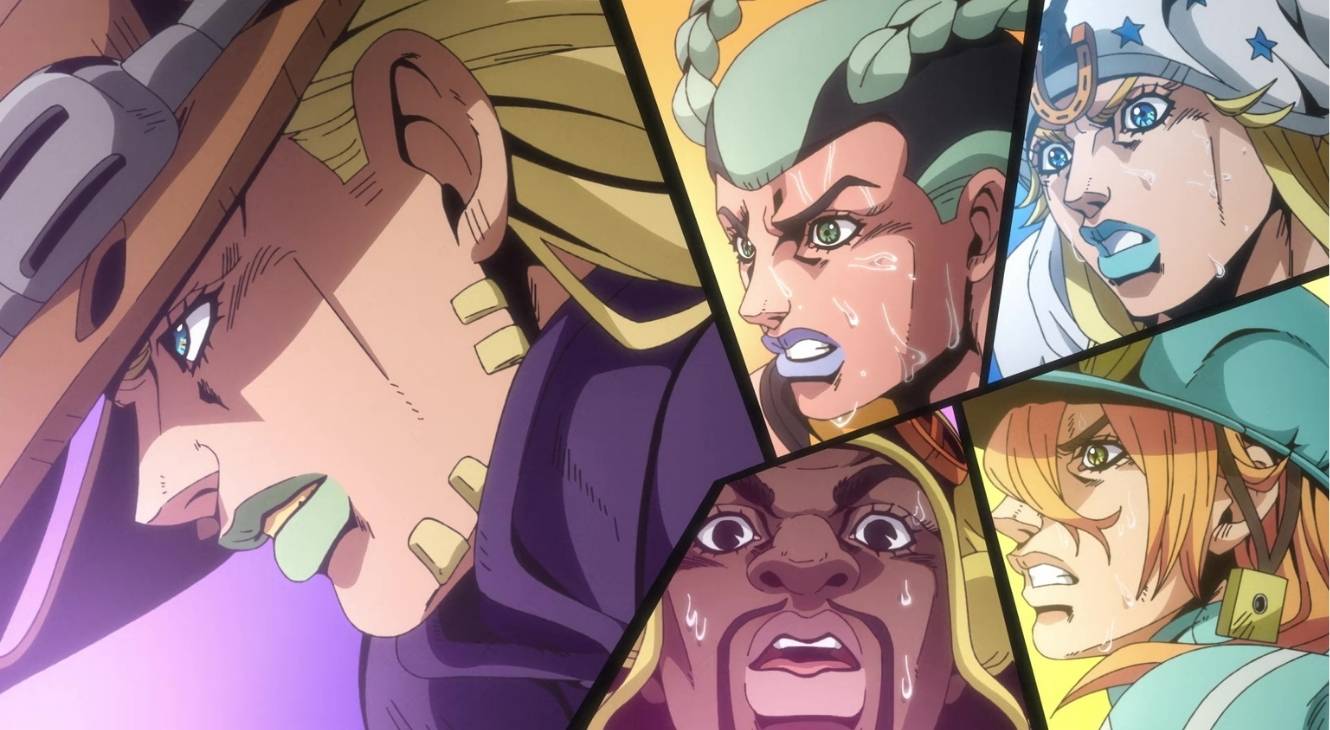 Various reactions from characters in Steel Ball Run Episode 1