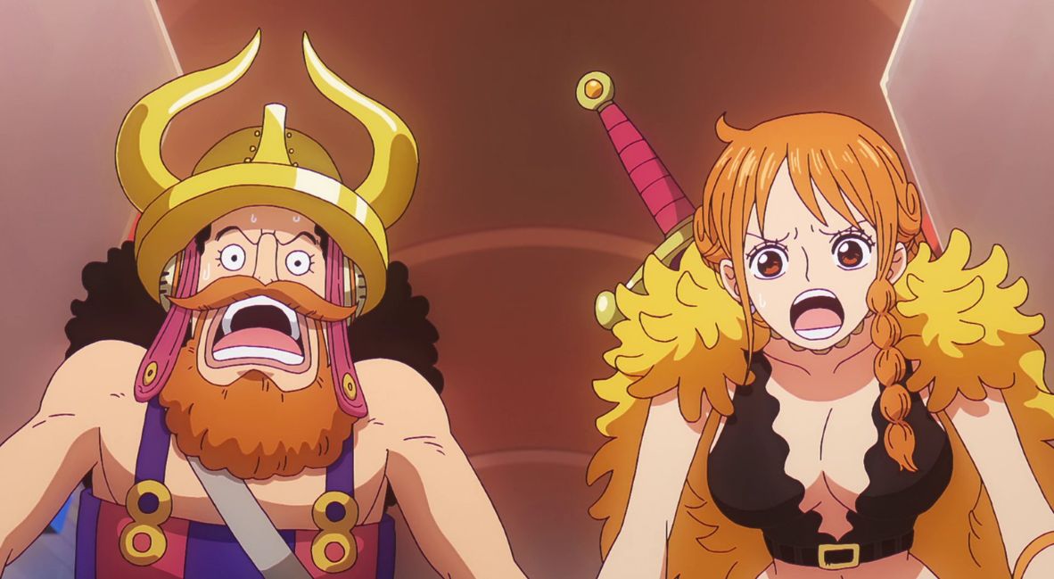 Usopp and Nami look out in horror 